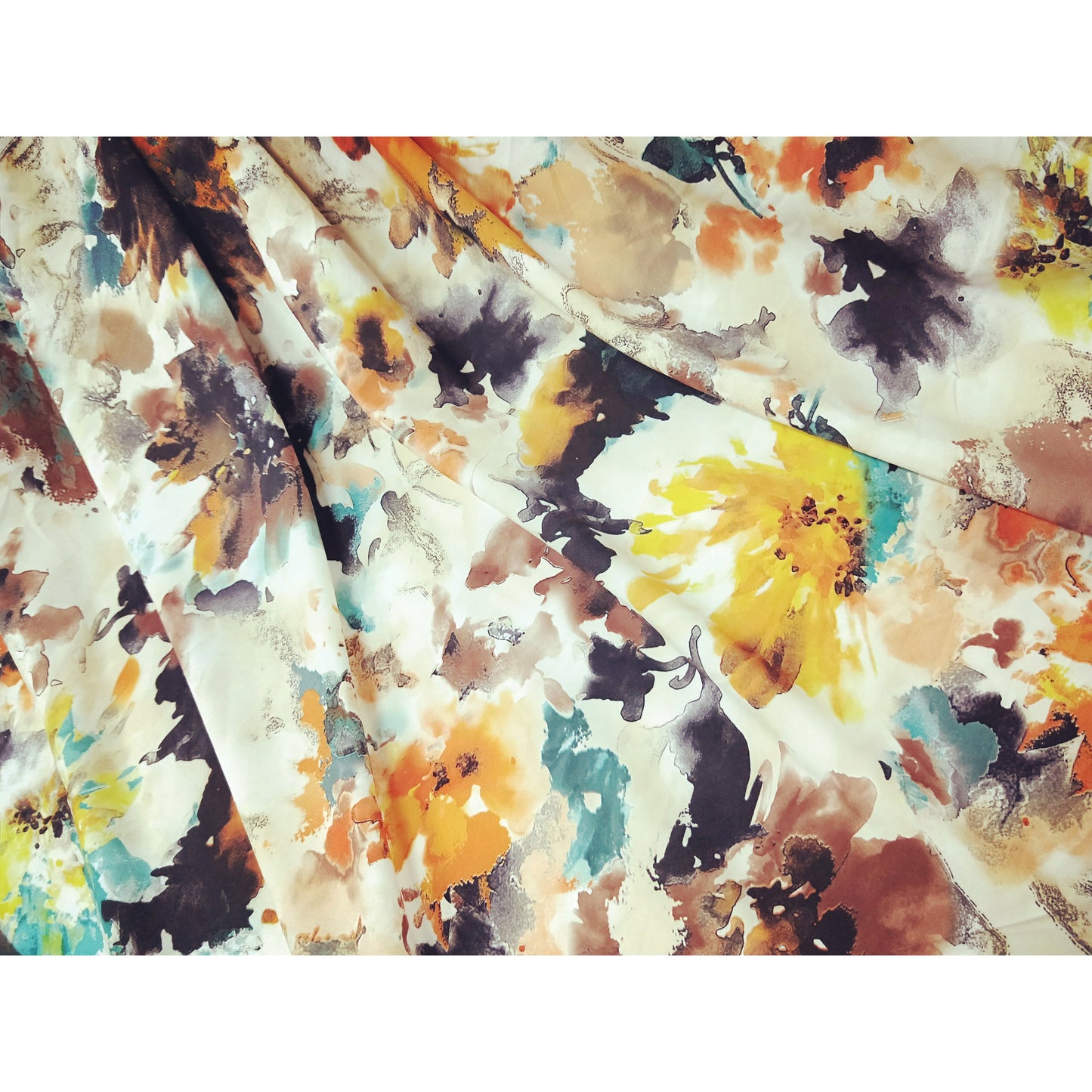 abstract design stretch woven fabric - cream/jade/orange/grey- sold by 1/2mtr